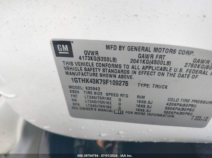 2009 GMC Sierra 2500Hd Work Truck VIN: 1GTHK43K79F109275 Lot: 39754784