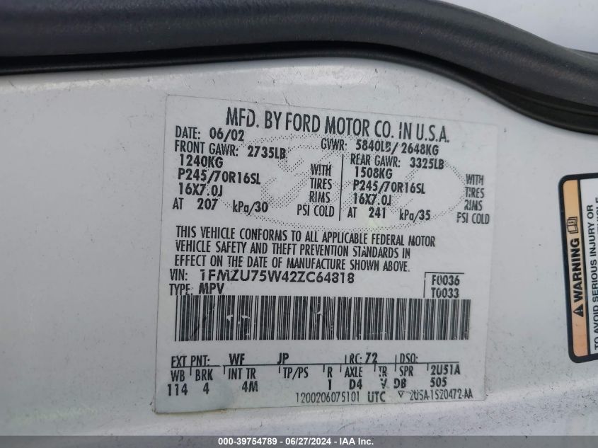 2002 Ford Explorer Limited VIN: 1FMZU75W42ZC64818 Lot: 39754789