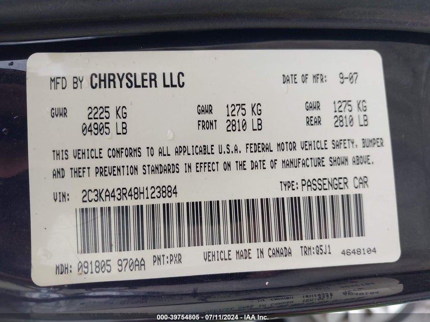 2008 Chrysler 300 Lx VIN: 2C3KA43R48H123884 Lot: 39754805