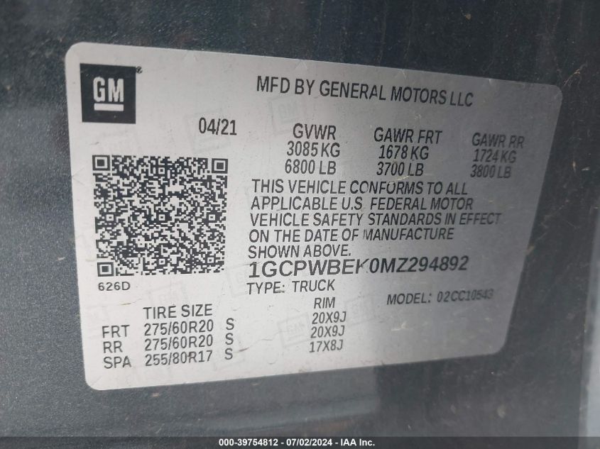 2021 Chevrolet Silverado C1500 Custom VIN: 1GCPWBEK0MZ294892 Lot: 39754812