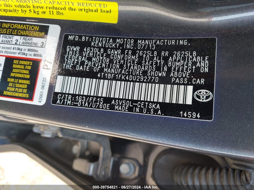 2013 Toyota Camry Se VIN: 4T1BF1FK4DU292770 Lot: 39754821