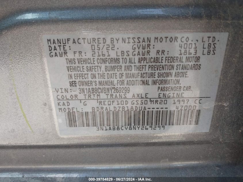 2022 Nissan Sentra Sv Xtronic Cvt VIN: 3N1AB8CV8NY269299 Lot: 39754829