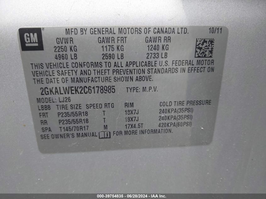 2012 GMC Terrain Slt-2 VIN: 2GKALWEK2C6178985 Lot: 39754835