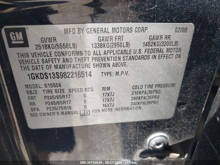 2008 GMC Envoy Sle VIN: 1GKDS13S982216514 Lot: 39754839