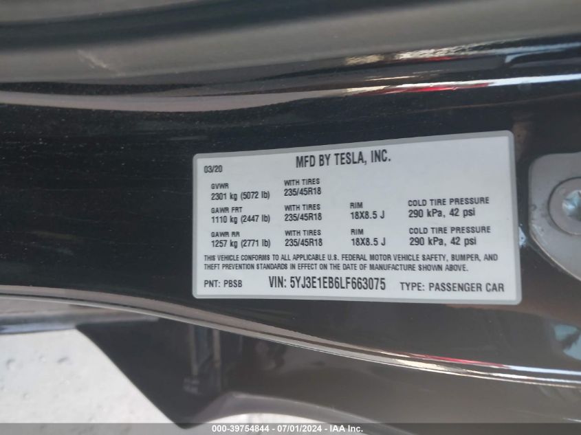 2020 Tesla Model 3 Long Range Dual Motor All-Wheel Drive VIN: 5YJ3E1EB6LF663075 Lot: 39754844