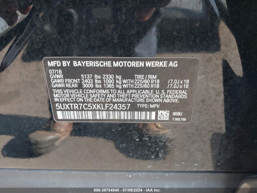 2019 BMW X3 Sdrive30I VIN: 5UXTR7C5XKLF24357 Lot: 39754848