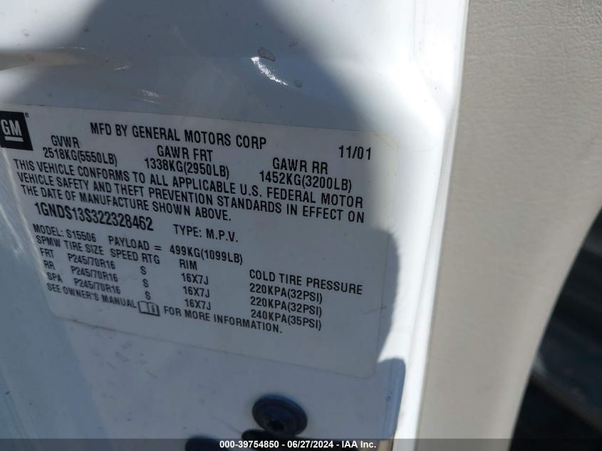 2002 Chevrolet Trailblazer Lt VIN: 1GNDS13S322328462 Lot: 39754850