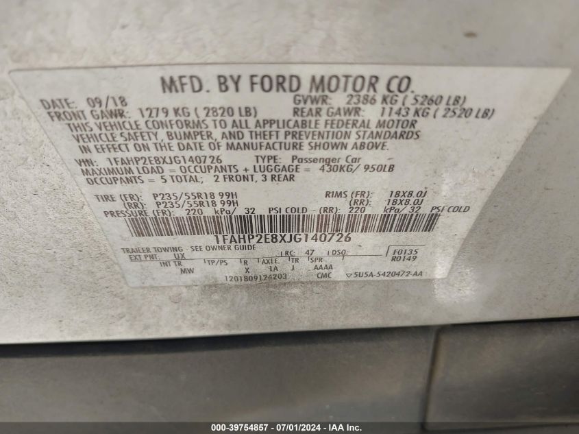 2018 FORD TAURUS SEL - 1FAHP2E8XJG140726