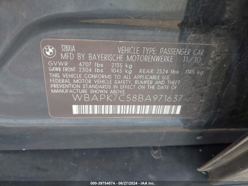 2011 BMW 328 Xi VIN: WBAPK7C58BA971637 Lot: 39754874