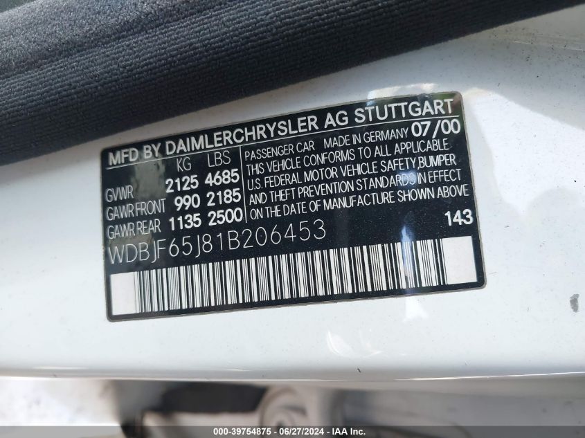 2001 Mercedes-Benz E 320 VIN: WDBJF65J81B206453 Lot: 39754875