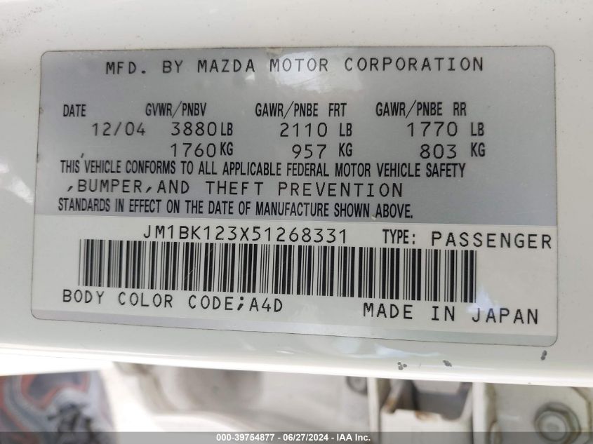 2005 Mazda Mazda3 S VIN: JM1BK123X51268331 Lot: 39754877