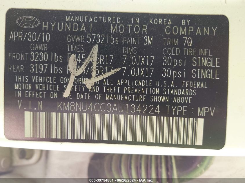2010 Hyundai Veracruz Gls VIN: KM8NU4CC3AU134224 Lot: 39754881