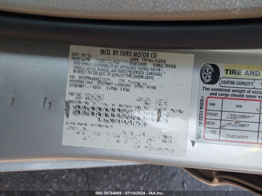 2010 Ford Fusion Se VIN: 3FAHP0HA9AR312210 Lot: 39754889