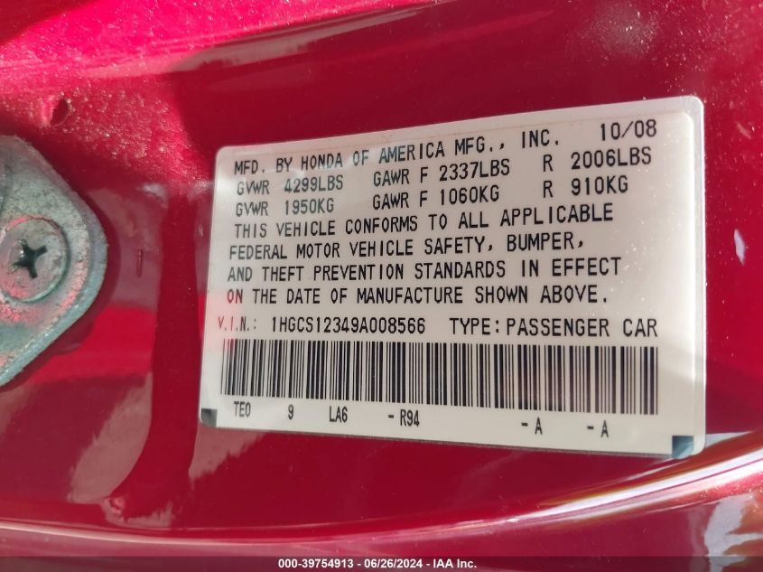 2009 Honda Accord 2.4 Lx-S VIN: 1HGCS12349A008566 Lot: 39754913