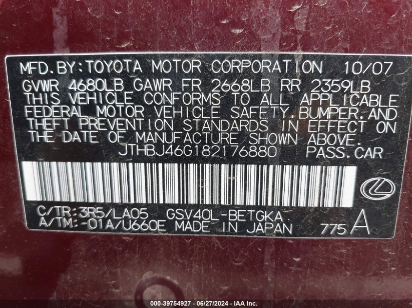 2008 Lexus Es 350 VIN: JTHBJ46G182176880 Lot: 39754927