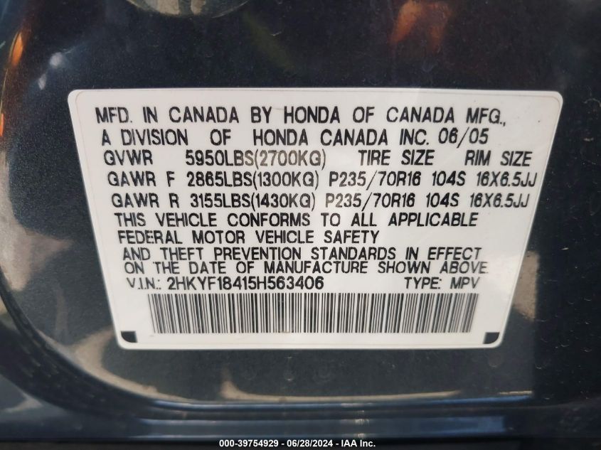 2005 Honda Pilot Ex VIN: 2HKYF18415H563406 Lot: 39754929