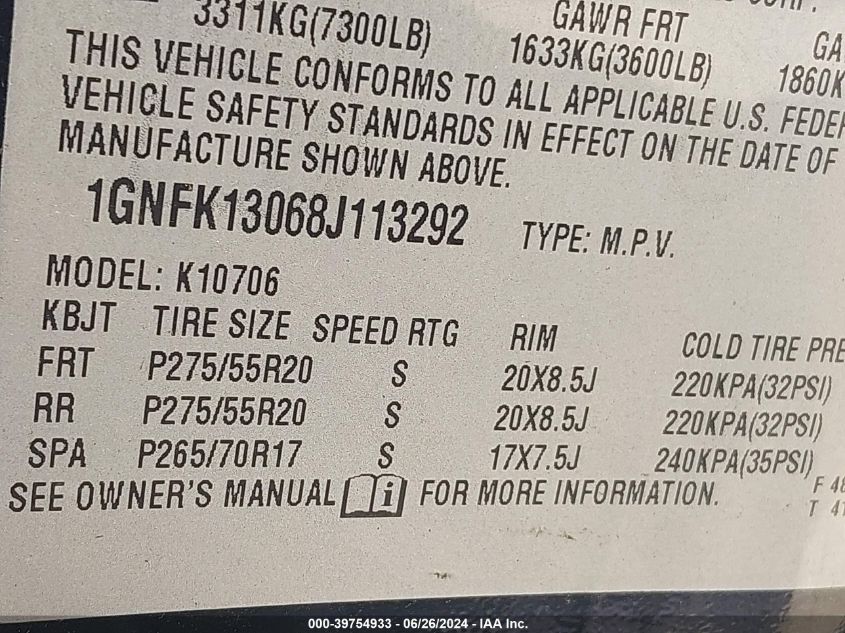 2008 Chevrolet Tahoe Ltz VIN: 1GNFK13068J113292 Lot: 39754933