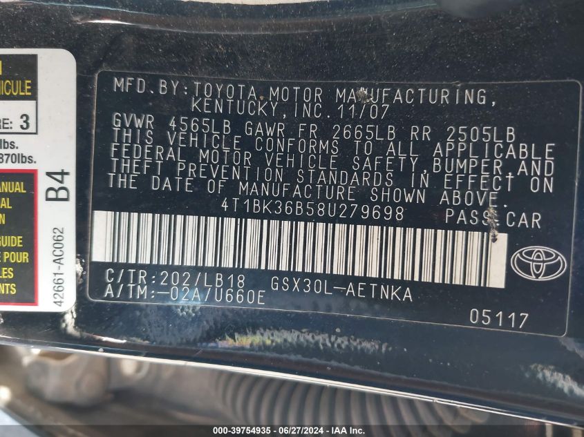 2008 Toyota Avalon Touring VIN: 4T1BK36B58U279698 Lot: 39754935