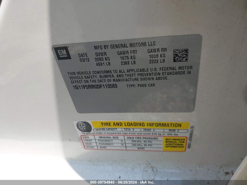 2013 Chevrolet Malibu Eco Premium Audio VIN: 1G11F5RR0DF110589 Lot: 39754945