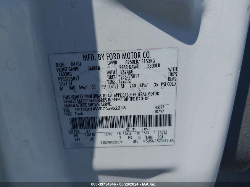 2007 Ford F-150 Fx4/Stx/Xl/Xlt VIN: 1FTRX14W07NA62213 Lot: 39754946