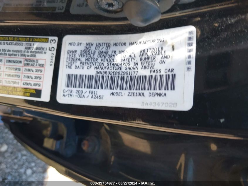 2008 Toyota Corolla Le VIN: 1NXBR32E88Z961177 Lot: 39754977