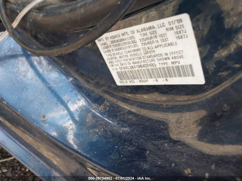 2009 Honda Odyssey Ex VIN: 5FNRL38419B402485 Lot: 39754982