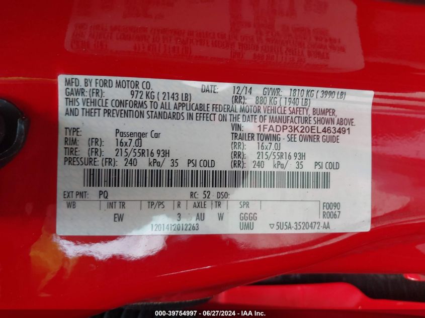 2014 Ford Focus Se VIN: 1FADP3K20EL463491 Lot: 39754997