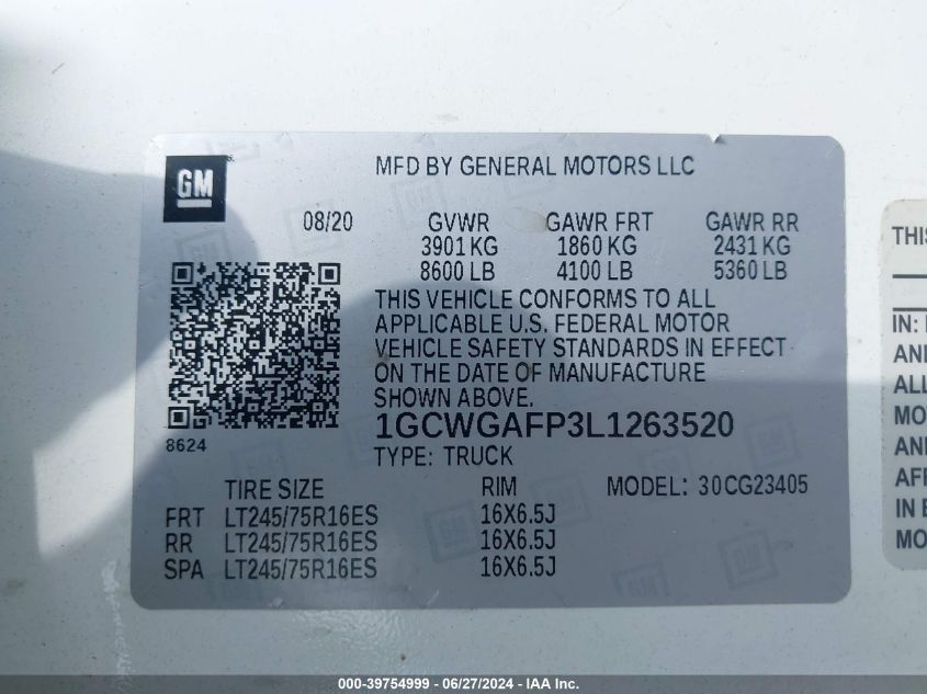 2020 Chevrolet Express G2500 VIN: 1GCWGAFP3L1263520 Lot: 39754999