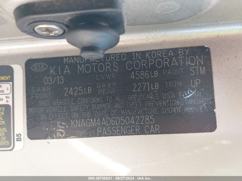 2013 Kia Optima Hybrid VIN: KNAGM4AD6D5042285 Lot: 39755021