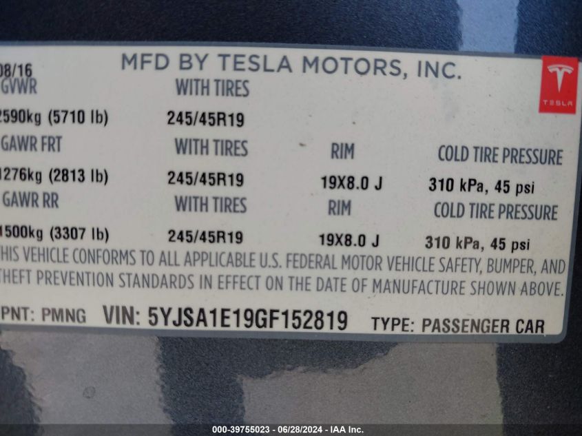 2016 Tesla Model S VIN: 5YJSA1E19GF152819 Lot: 39755023