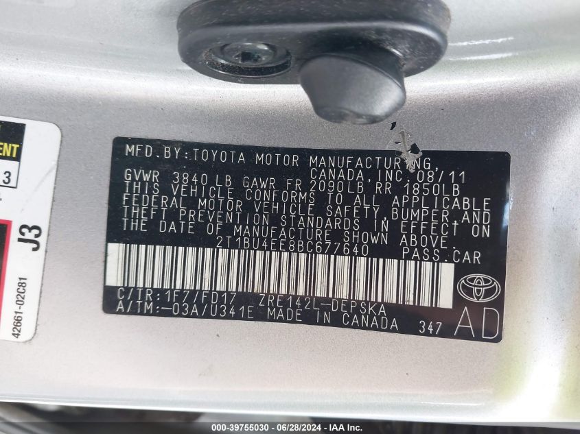 2011 Toyota Corolla S VIN: 2T1BU4EE8BC677640 Lot: 39755030