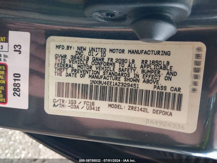 2010 Toyota Corolla Le VIN: 1NXBU4EE1AZ329451 Lot: 39755032