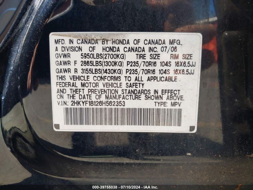 2006 Honda Pilot Lx VIN: 2HKYF18126H562353 Lot: 39755038