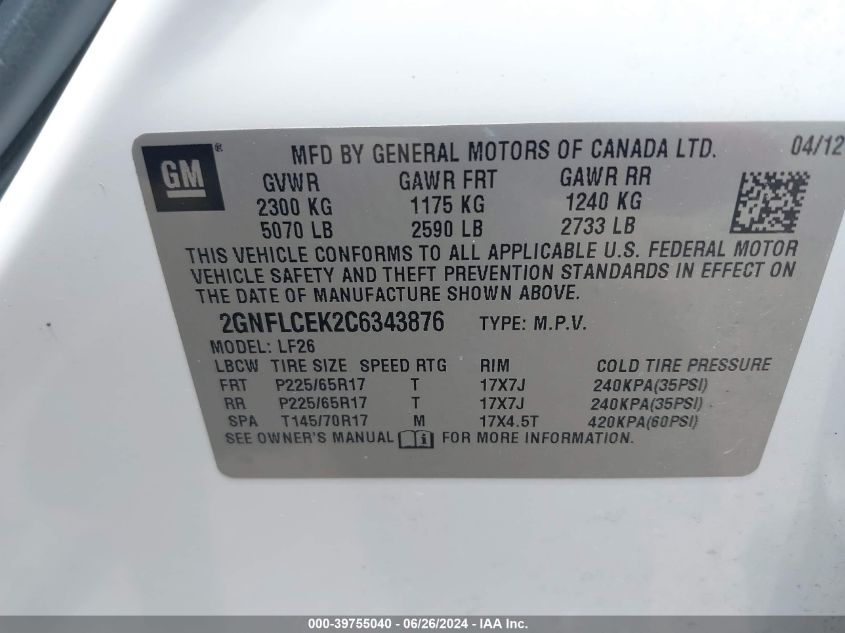 2012 Chevrolet Equinox Ls VIN: 2GNFLCEK2C6343876 Lot: 39755040