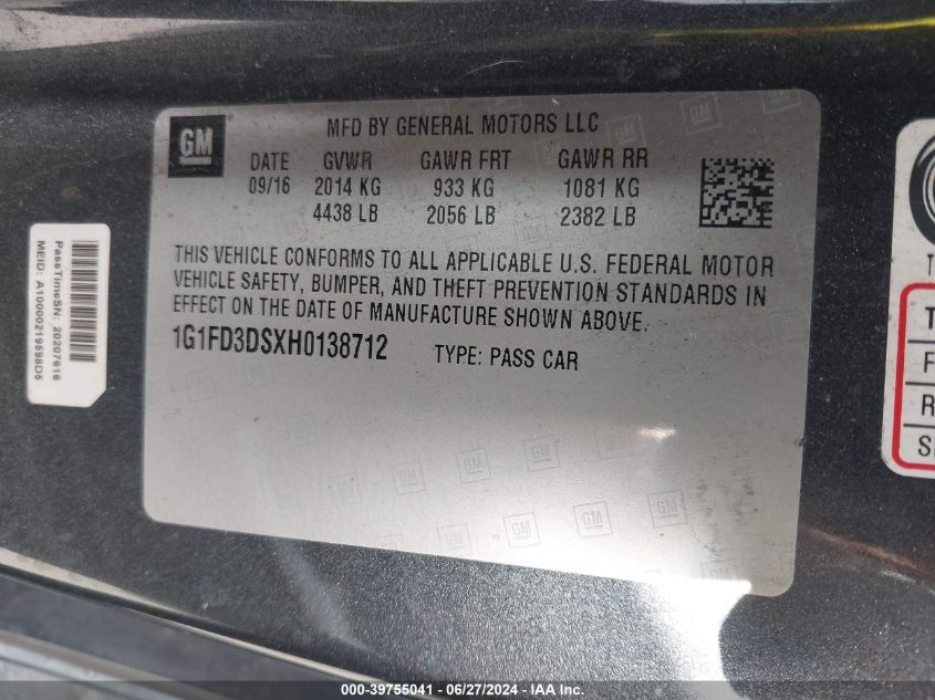 2017 Chevrolet Camaro 2Lt VIN: 1G1FD3DSXH0138712 Lot: 39755041