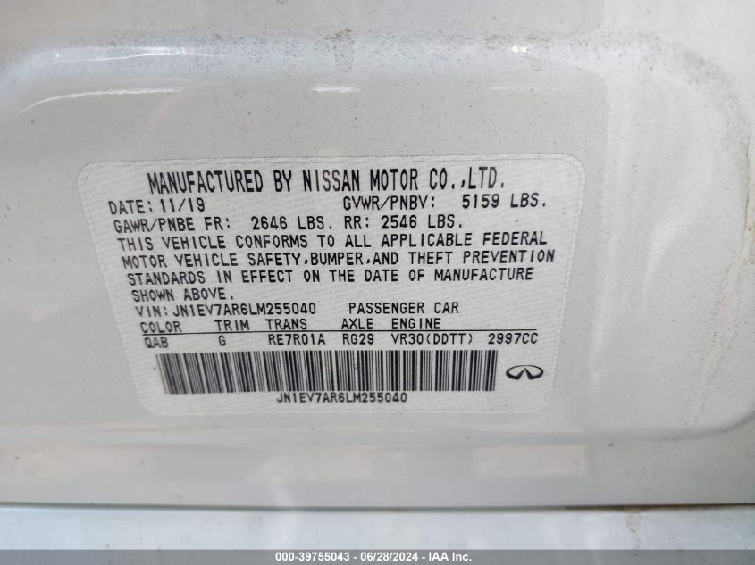 2020 Infiniti Q50 Edition 30 Awd VIN: JN1EV7AR6LM255040 Lot: 39755043