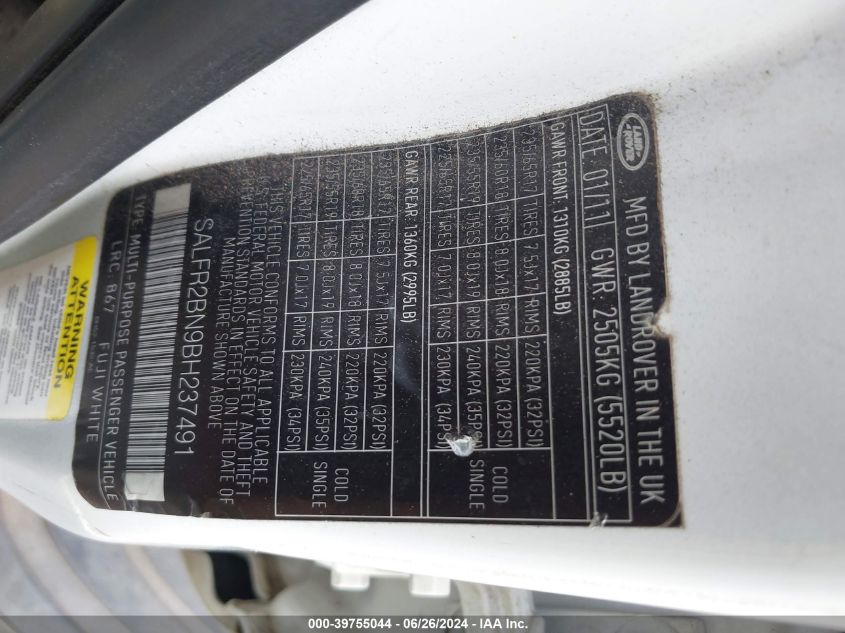 2011 Land Rover Lr2 VIN: SALFR2BN9BH237491 Lot: 39755044