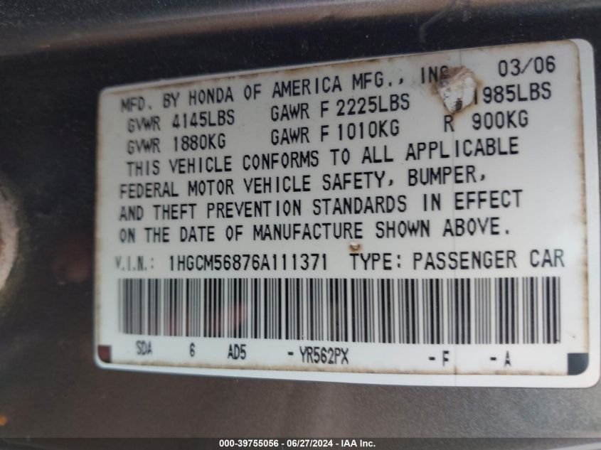 2006 Honda Accord 2.4 Ex VIN: 1HGCM56876A111371 Lot: 39755056