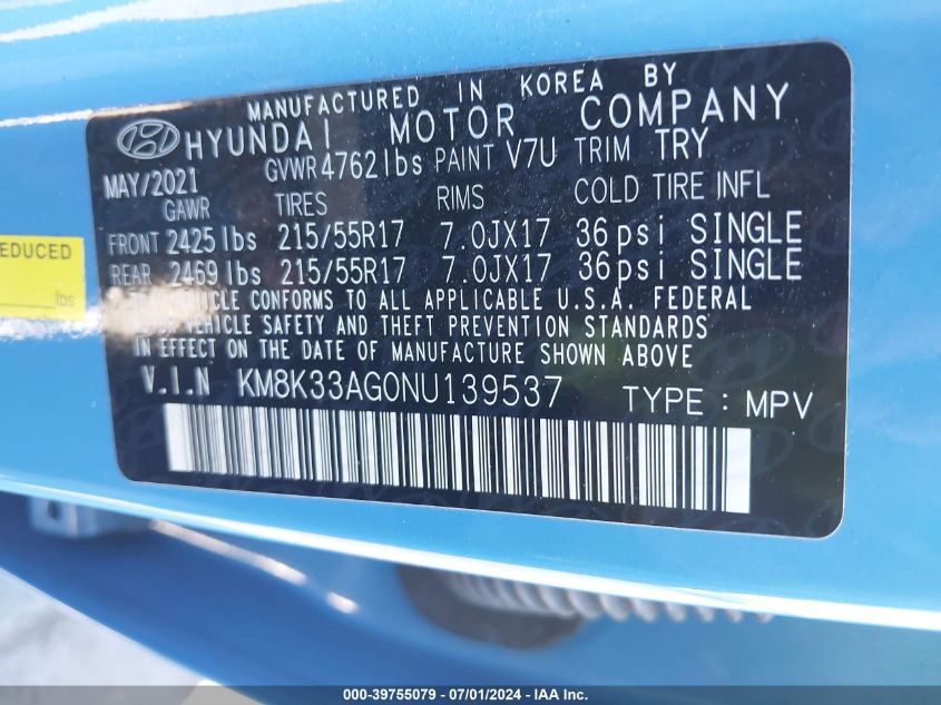 2022 Hyundai Kona Electric Sel VIN: KM8K33AG0NU139537 Lot: 39755079