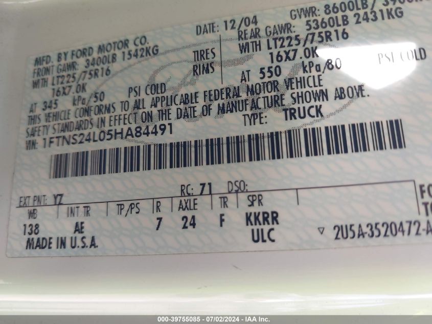2005 Ford E-250 Commercial/Recreational VIN: 1FTNS24L05HA84491 Lot: 39755085