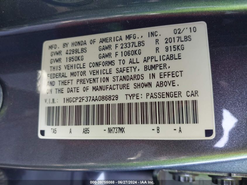 2010 Honda Accord 2.4 Lx VIN: 1HGCP2F37AA086829 Lot: 39755088
