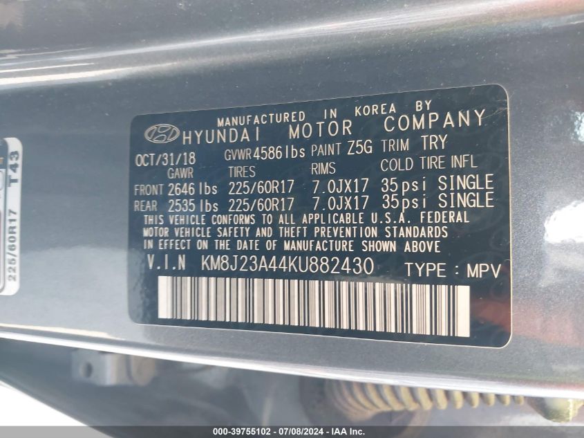 2019 Hyundai Tucson Se VIN: KM8J23A44KU882430 Lot: 39755102