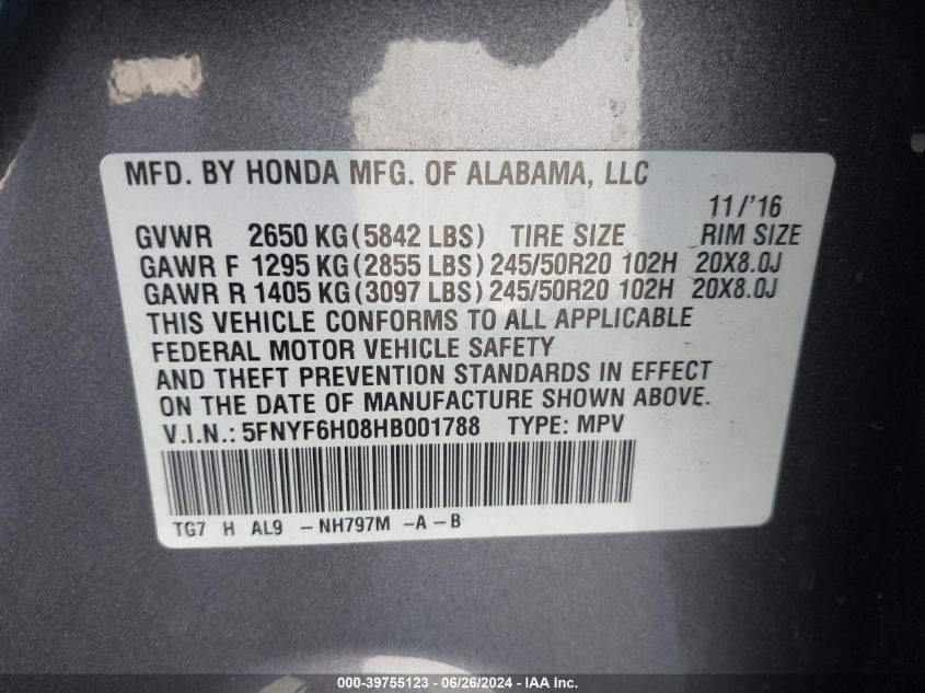 2017 Honda Pilot Elite VIN: 5FNYF6H08HB001788 Lot: 39755123