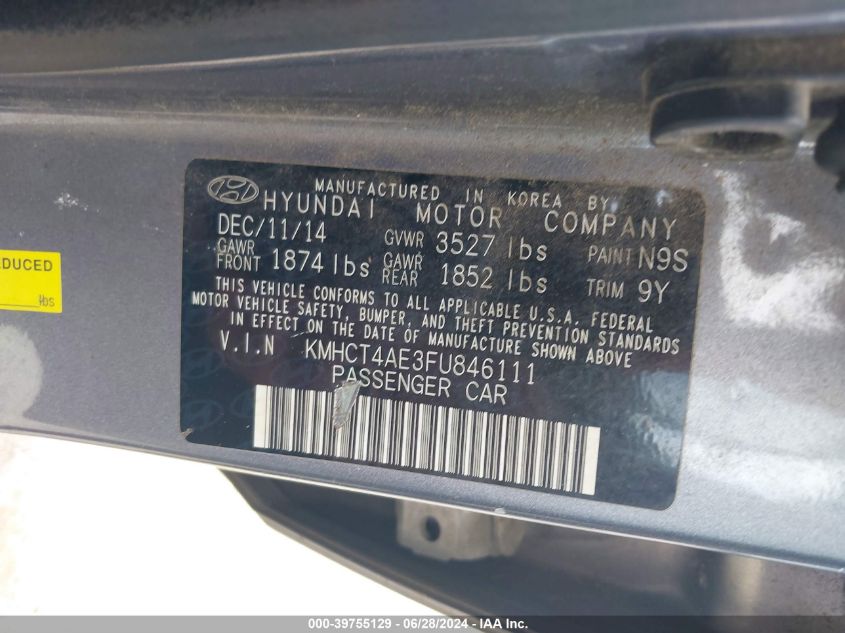 2015 Hyundai Accent Gls VIN: KMHCT4AE3FU846111 Lot: 39755129