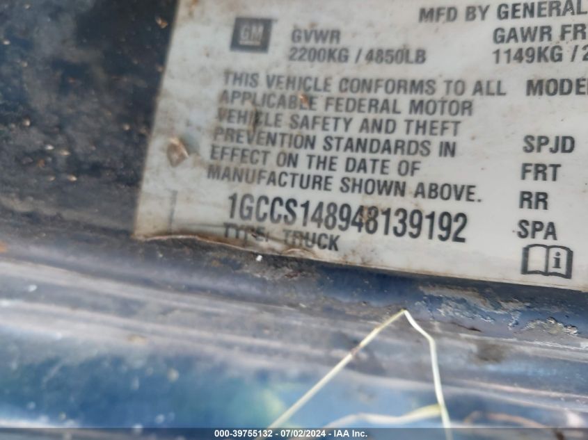 2004 Chevrolet Colorado VIN: 1GCCS148948139192 Lot: 39755132