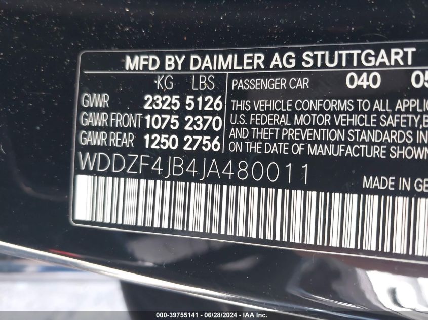 2018 Mercedes-Benz E 300 VIN: WDDZF4JB4JA480011 Lot: 39755141