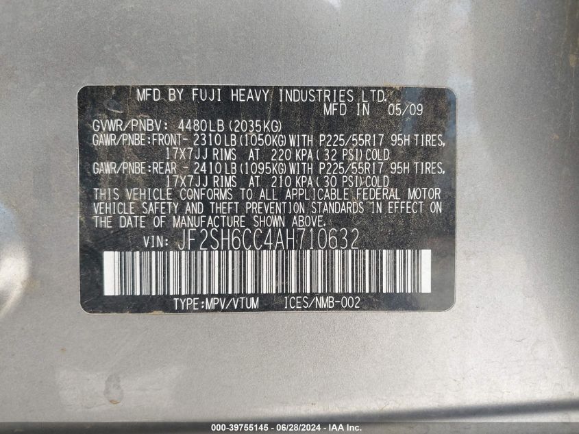 2010 Subaru Forester 2.5X Premium VIN: JF2SH6CC4AH710632 Lot: 39755145