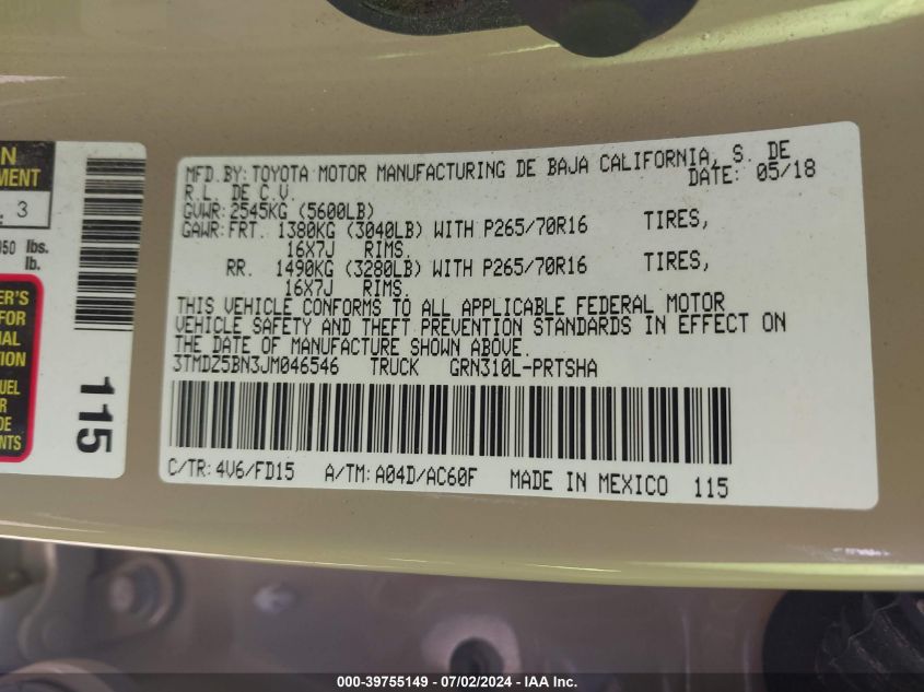 2018 Toyota Tacoma Dbl Cab/Sr5/Trd Sport/Or VIN: 3TMDZ5BN3JM046546 Lot: 39755149