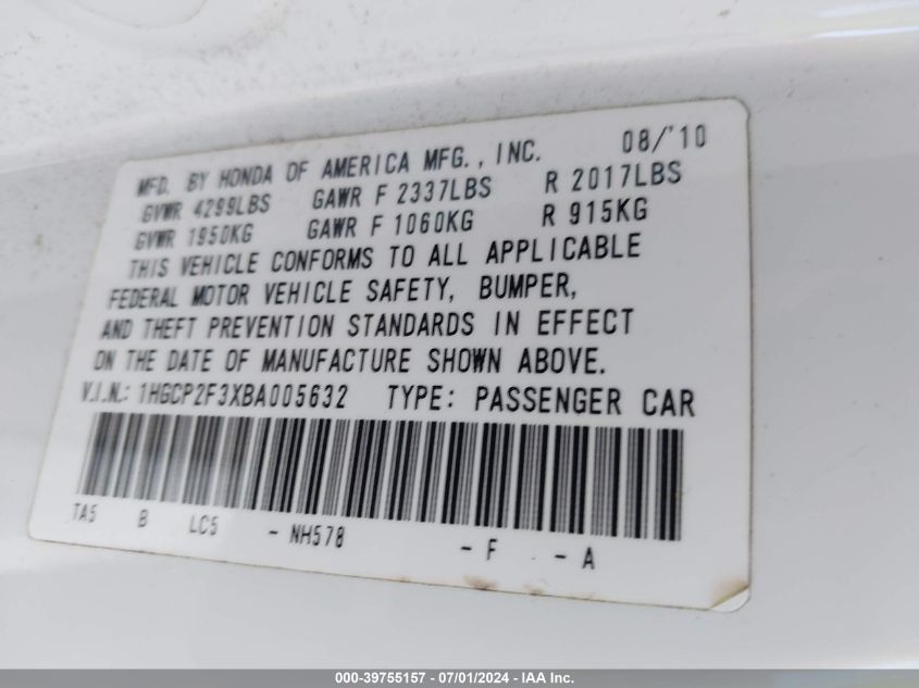 2011 Honda Accord 2.4 Lx VIN: 1HGCP2F3XBA005632 Lot: 39755157