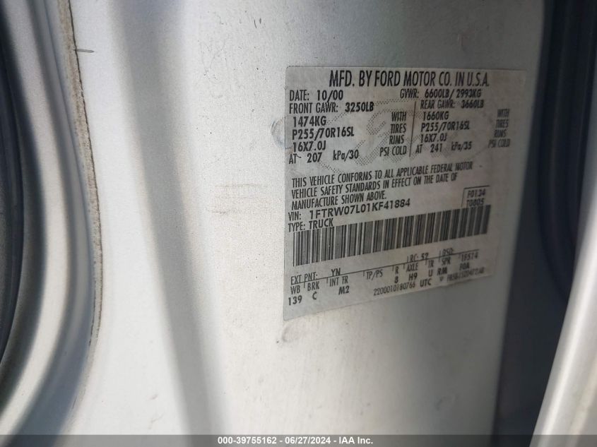 2001 Ford F-150 Harley-Davidson Edition/King Ranch Edition/Lariat/Xlt VIN: 1FTRW07L01KF41884 Lot: 39755162